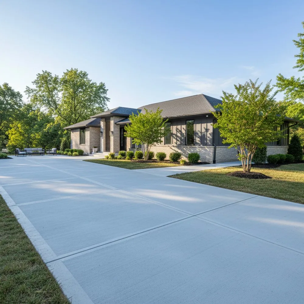 New concrete driveway in front of a brick home, with the Winter Concrete mark.