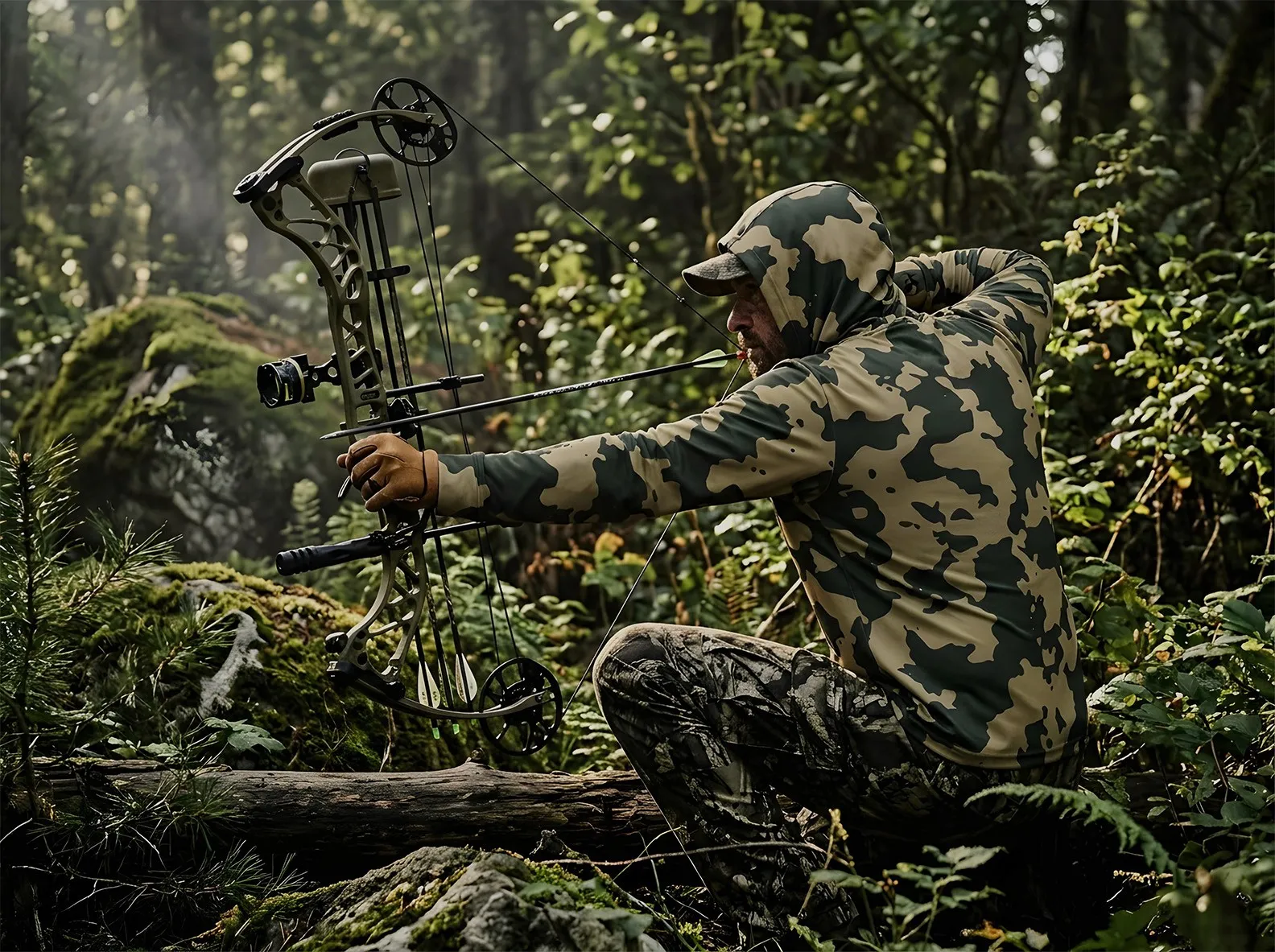 A bowhunter in Origin camo drawing a bow in the forest.
