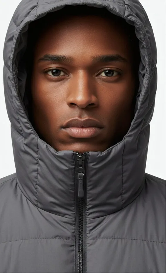 Close-up portrait of a person in a grey insulated hood.